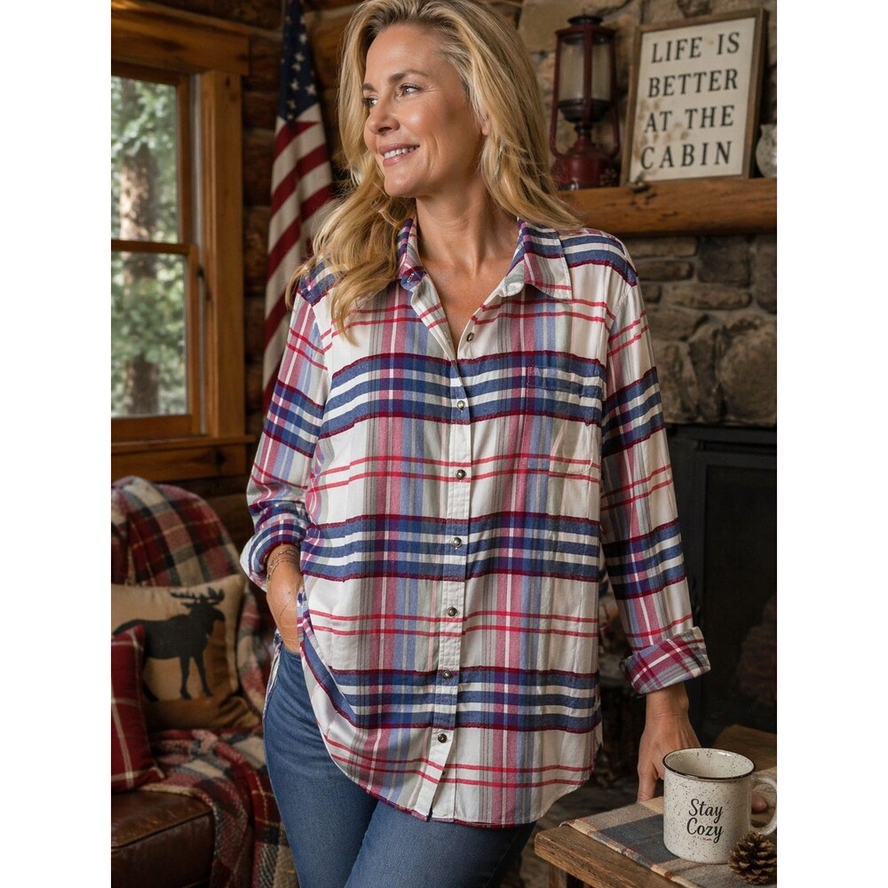 Plaid Button Front Shirt Flannel Feel Cotton Blend Americana Cabincore 3X